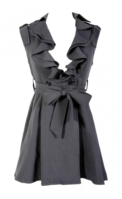 Ruffle Collar Belted Waist Dress in Charcoal